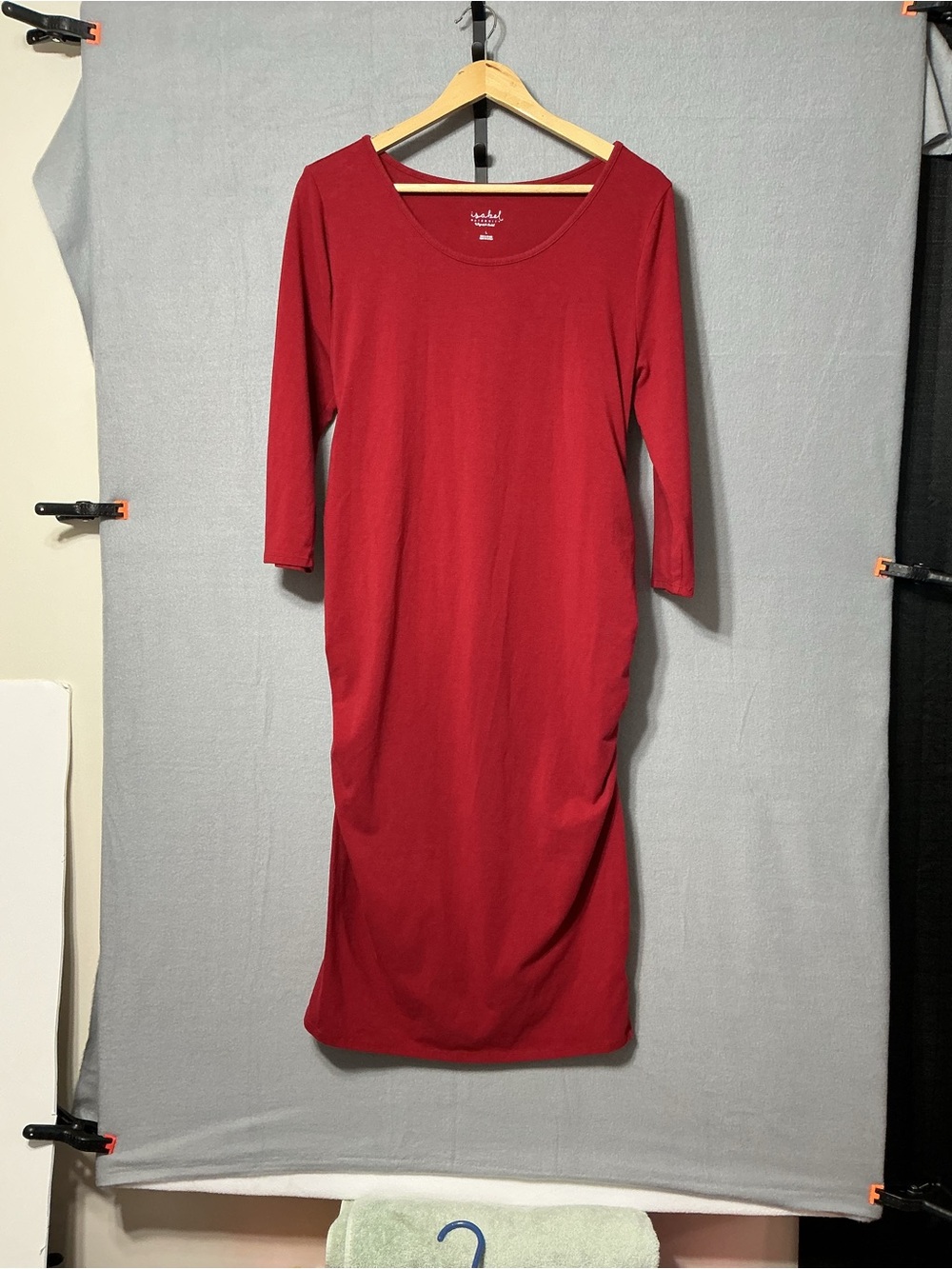 Isabel Maternity Red Ruched Midi Dress Women’s L 3/4 Sleeve Stretch